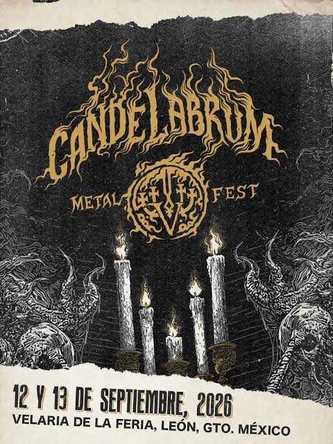 Cartel del festival Candelabrum Metal Fest en León, Guanajuato, con velas y elementos de temática oscura y metálica.