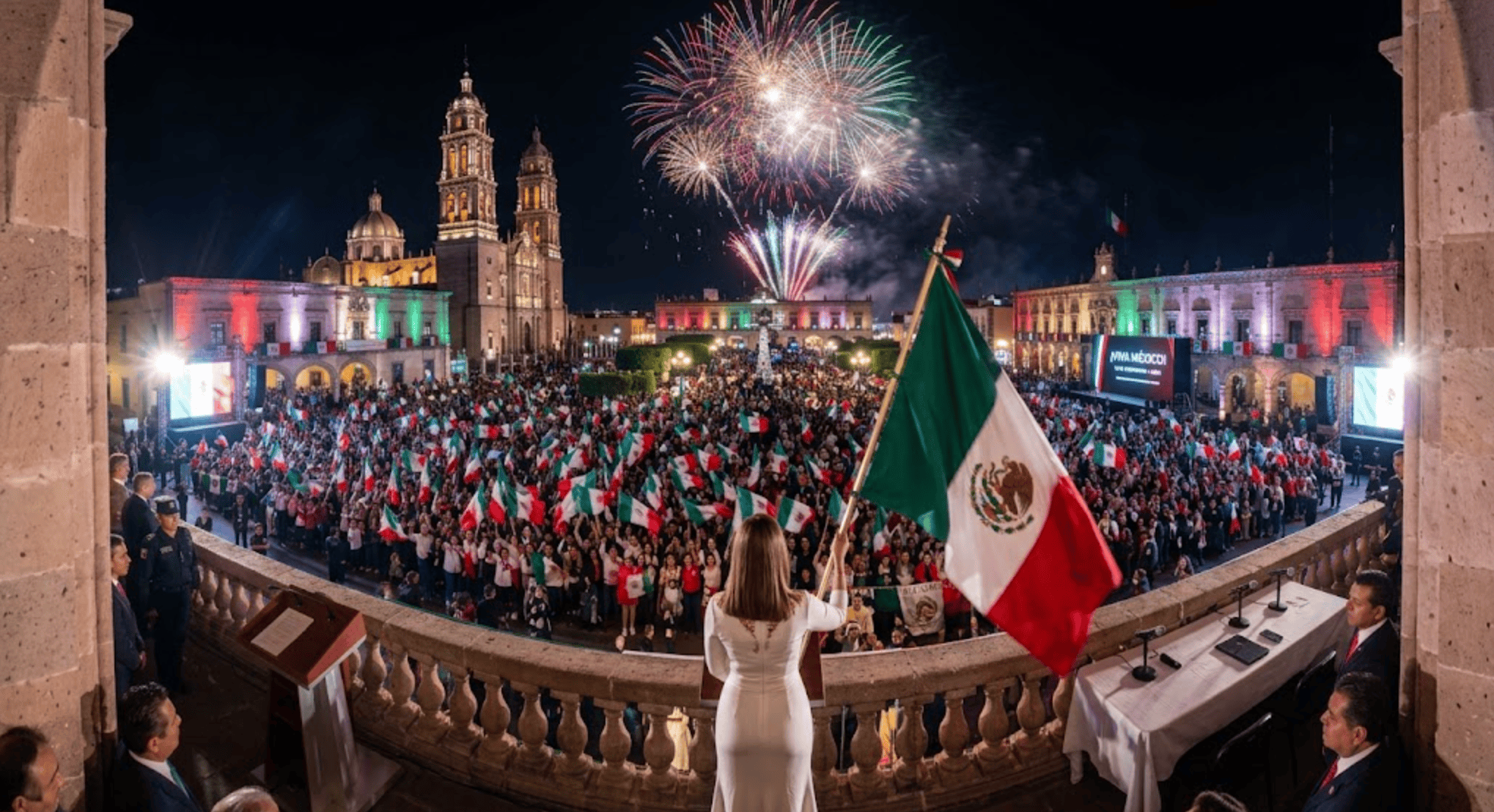 Multitud en León celebrando con banderas mexicanas y fuegos artificiales en una noche festiva y cultural.