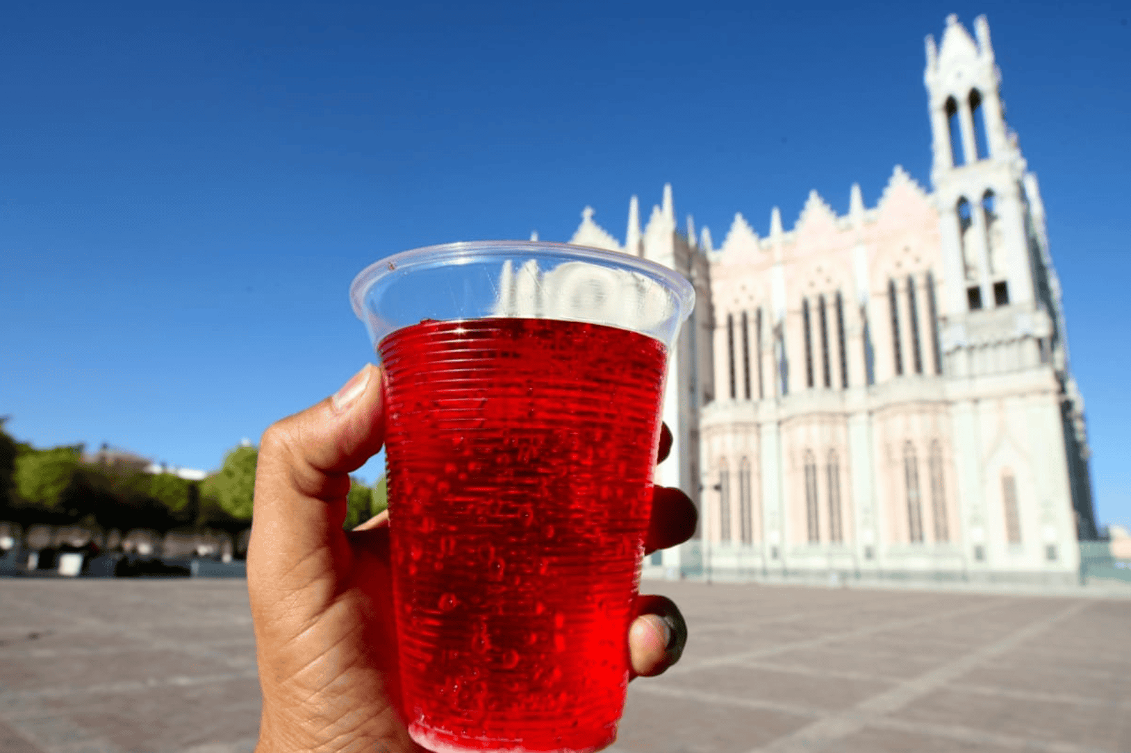 Glass with red drink in the Main Square of León, Guanajuato, with cathedral in the background, tourism in Mexico.