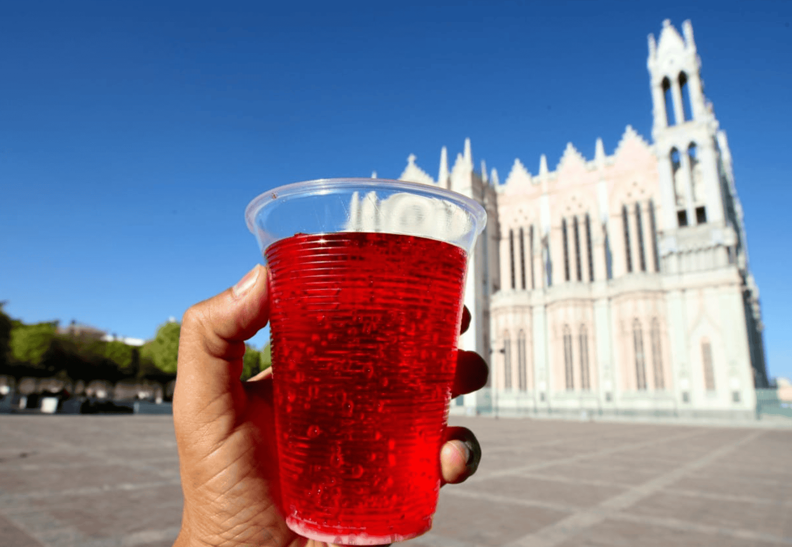 Vaso con bebida roja en Plaza Principal de Le&oacute;n, Guanajuato, con catedral en el fondo, turismo en M&eacute;xico.