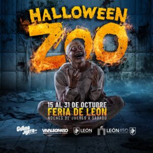 Niño disfrazado de zombie en Halloween Zoo León con decoración espeluznante.