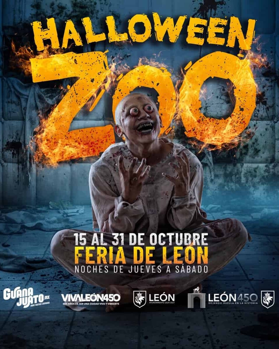 Niño disfrazado de zombie en Halloween Zoo León con decoración espeluznante.