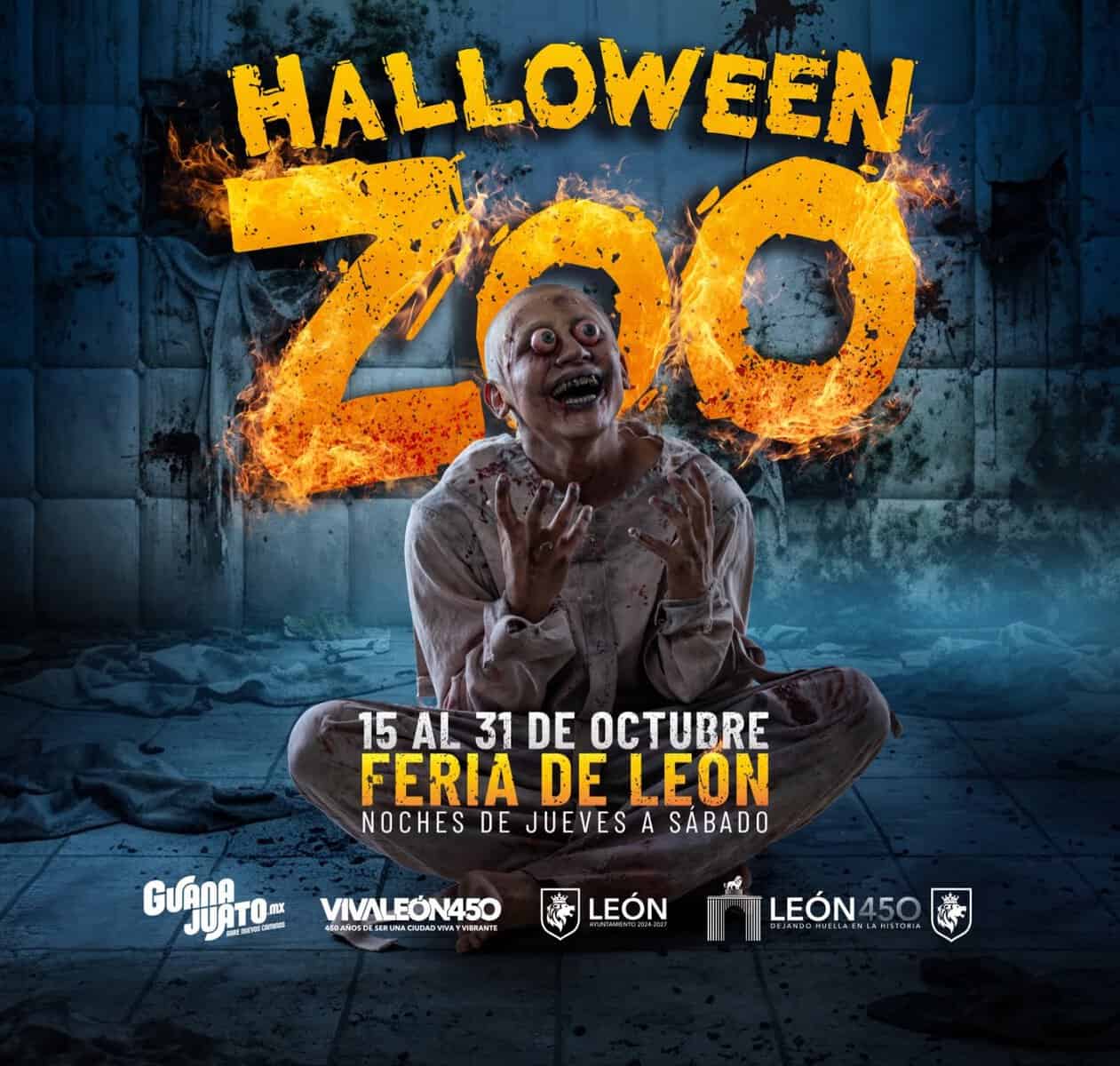 Niño disfrazado de zombie en Halloween Zoo León con decoración espeluznante.