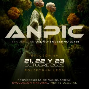 Cartel promocional de ANPIC OI con modelos en un entorno natural, destacando tendencias de moda otoño-invierno 2026 en León.