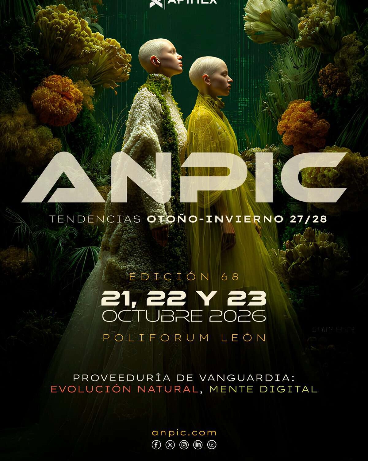 Cartel promocional de ANPIC OI con modelos en un entorno natural, destacando tendencias de moda otoño-invierno 2026 en León.