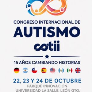Logo del 15° Congreso Internacional de Autismo en León, Guanajuato, con colores vibrantes y símbolos de inclusión.