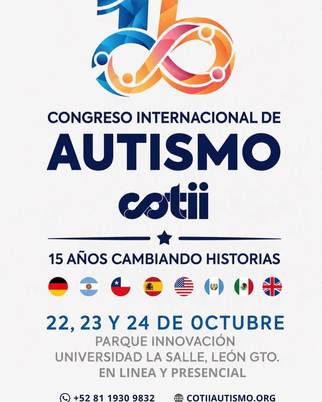 Logo del 15° Congreso Internacional de Autismo en León, Guanajuato, con colores vibrantes y símbolos de inclusión.