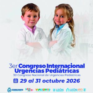 Niños médicos en evento de urgencias pediátricas en León, Guanajuato, México, en el Congreso Internacional 2026.