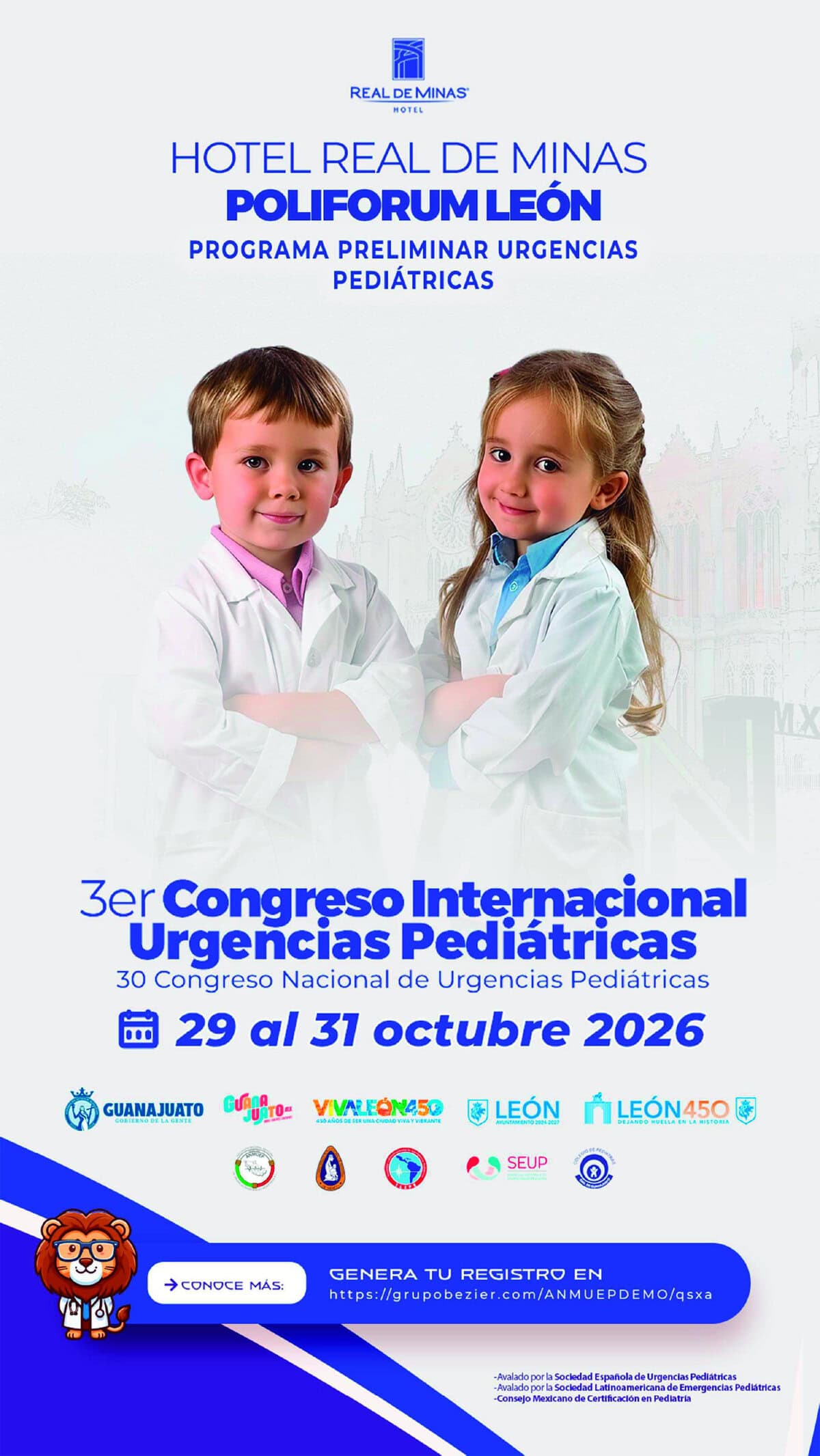 Niños médicos en evento de urgencias pediátricas en León, Guanajuato, México, en el Congreso Internacional 2026.