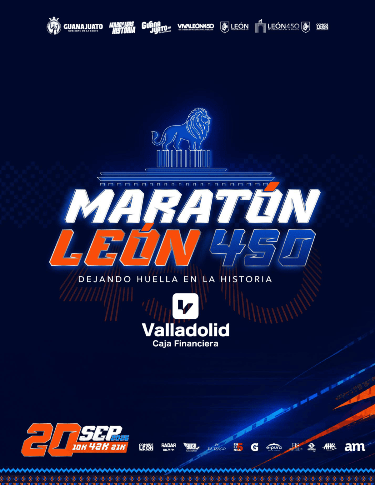 Cartel del Maratón León 450 en Valladolid, con logo de León y detalles del evento en septiembre.