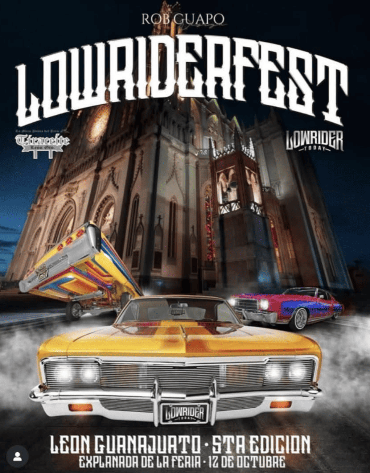 Cartel promocional del Lourderfest en Le&oacute;n, Guanajuato, con autos cl&aacute;sicos y un autob&uacute;s colorido en la iglesia hist&oacute;rica.
