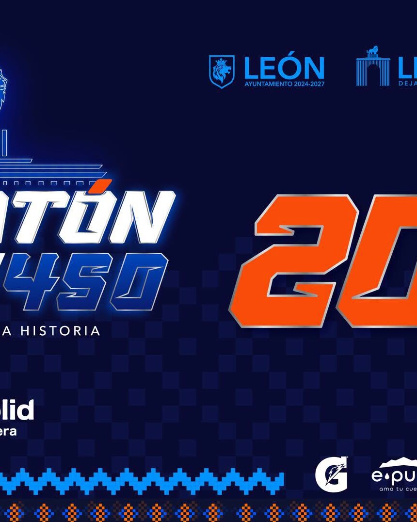 Imagen del Maratón León 450 con corredores y logotipos oficiales en León, Guanajuato, México.