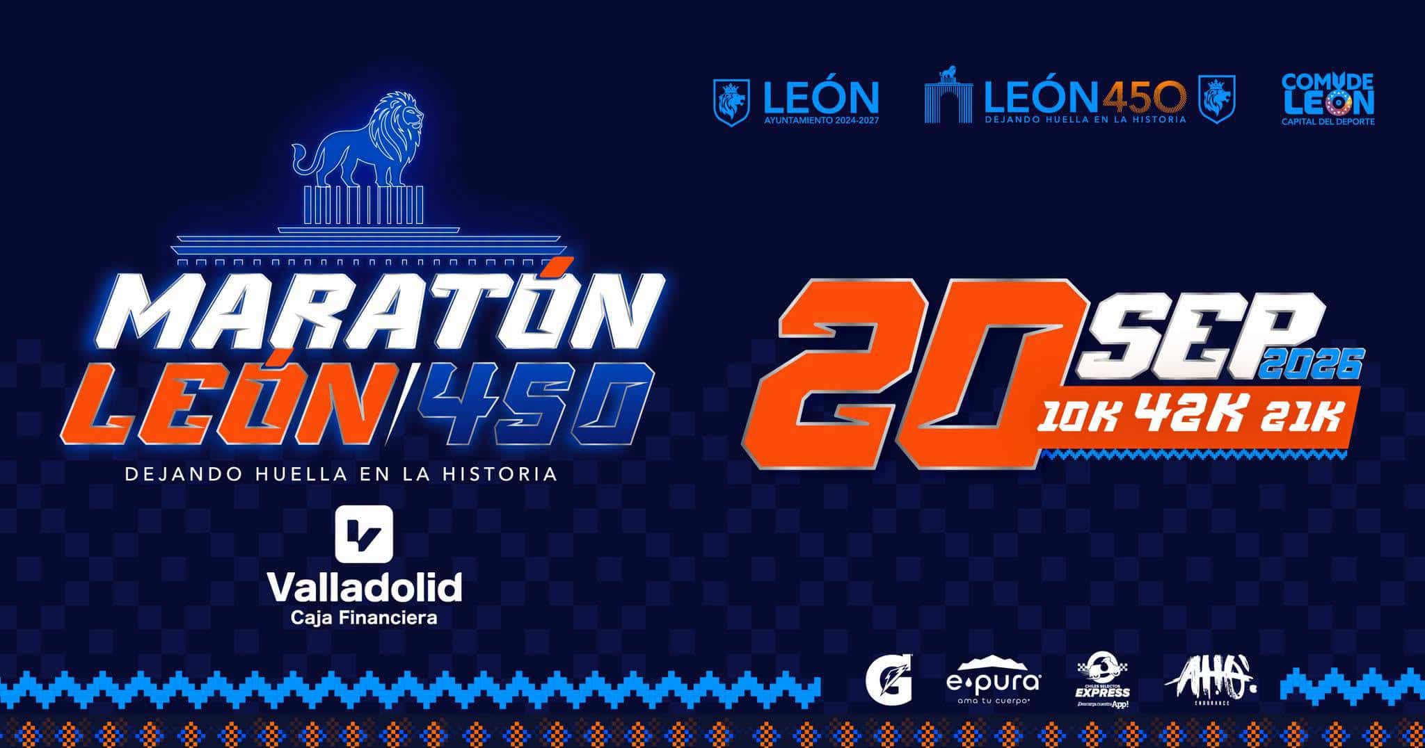 Imagen del Maratón León 450 con corredores y logotipos oficiales en León, Guanajuato, México.