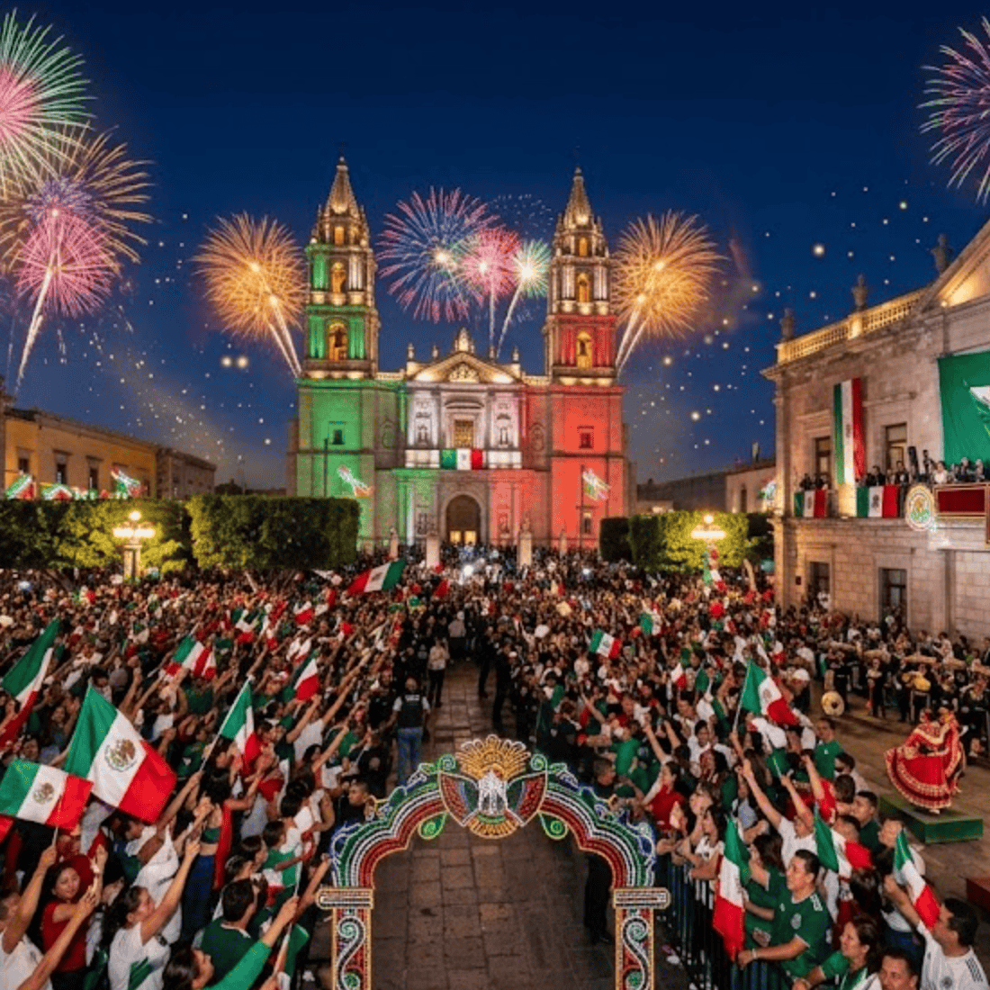Espectáculo de fuegos artificiales en León, Guanajuato, durante celebración cultural con multitudes y decoraciones mexicanas.