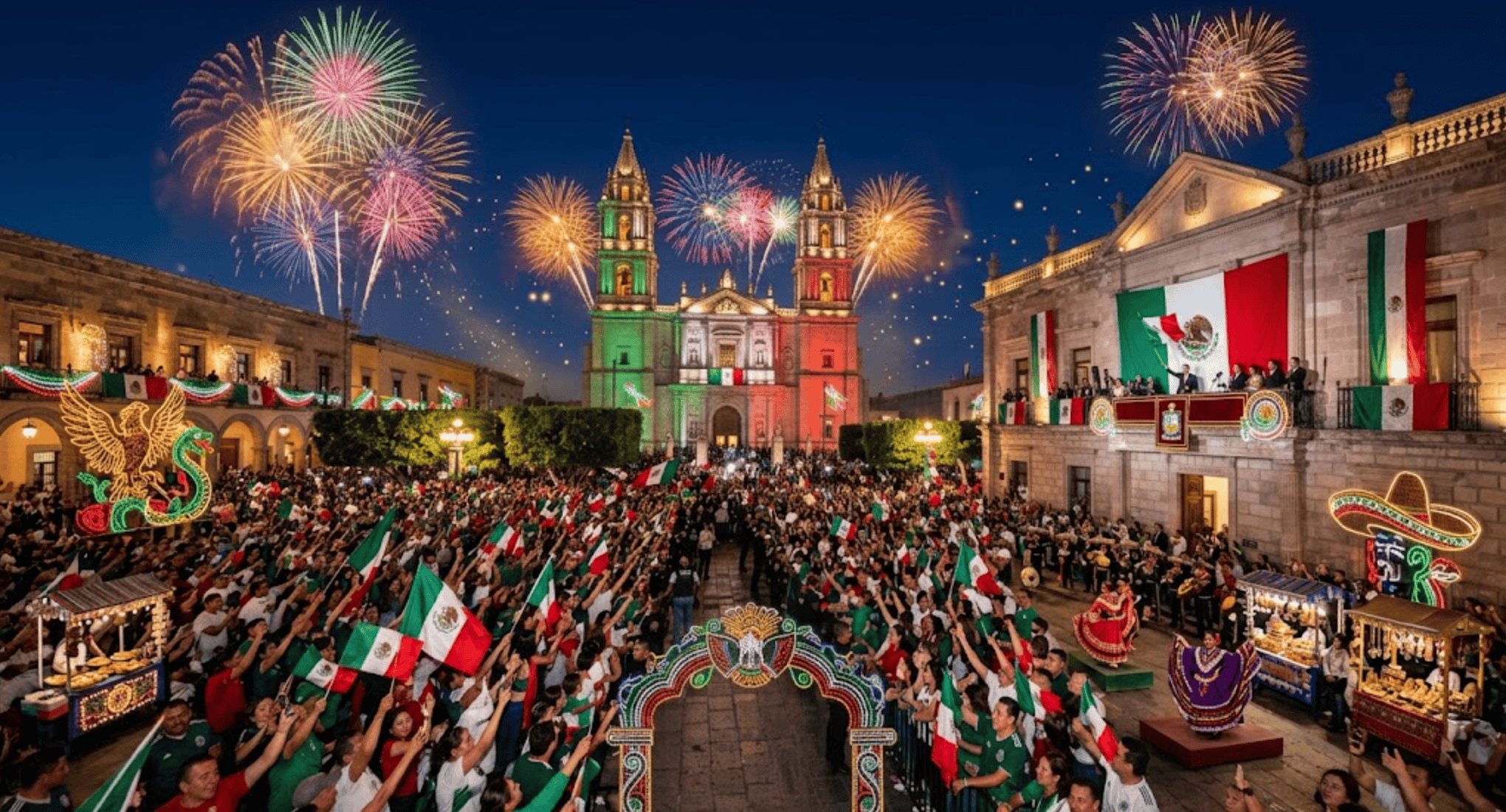 Espectáculo de fuegos artificiales en León, Guanajuato, durante celebración cultural con multitudes y decoraciones mexicanas.