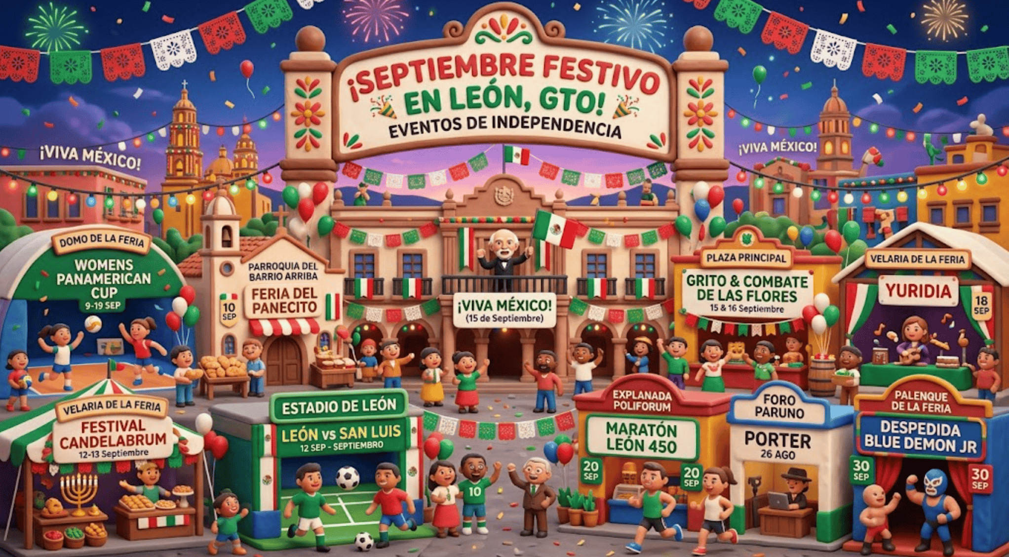 Celebración festiva en León con decoraciones tradicionales, fuegos artificiales y eventos culturales en septiembre.
