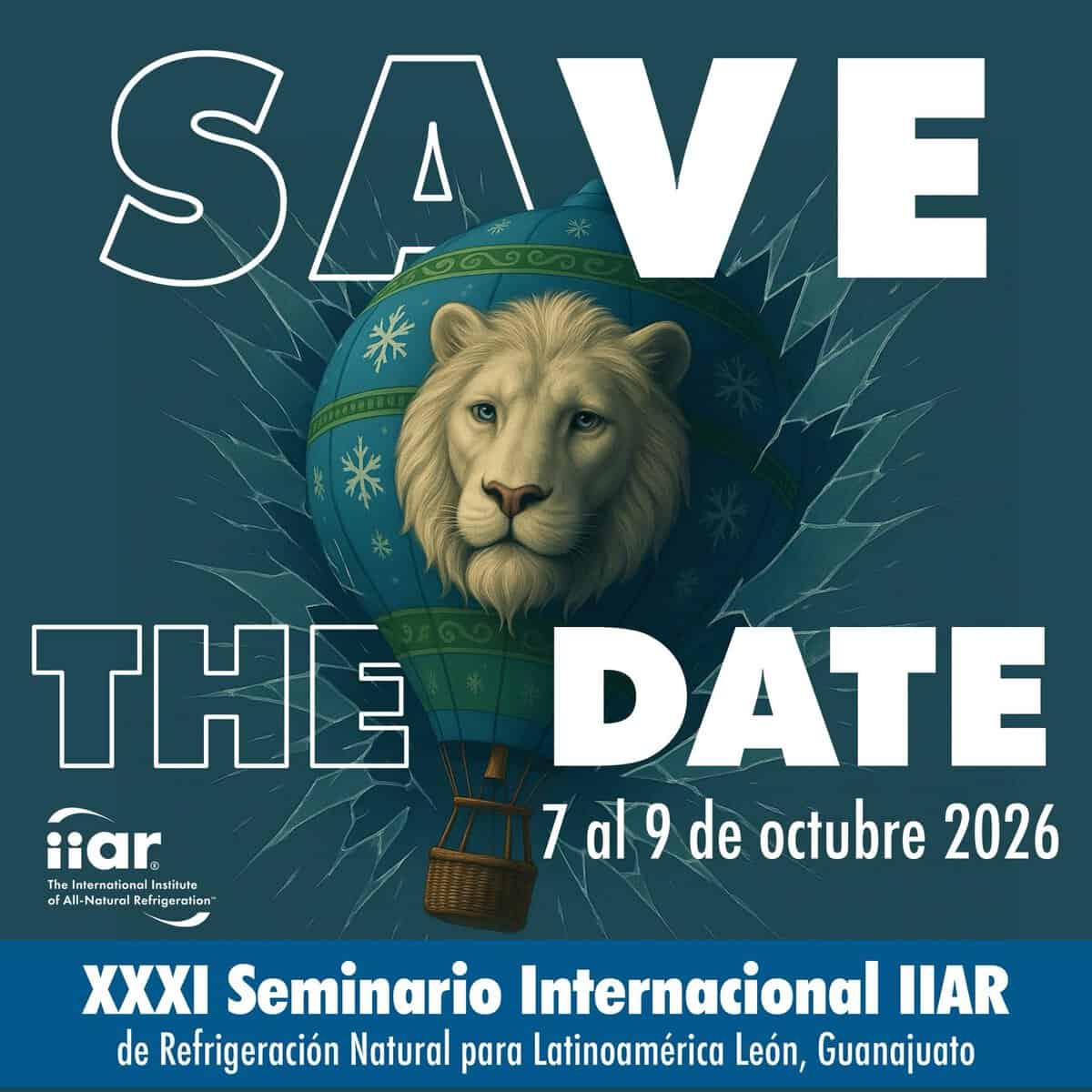 Cartel del XXXI Seminario Internacional IIAR en León, Guanajuato, México, con un león en globo aerostático.