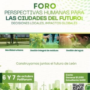Imagen del foro en León sobre ciudades del futuro, sostenibilidad y gestión urbana, con participantes y paneles.
