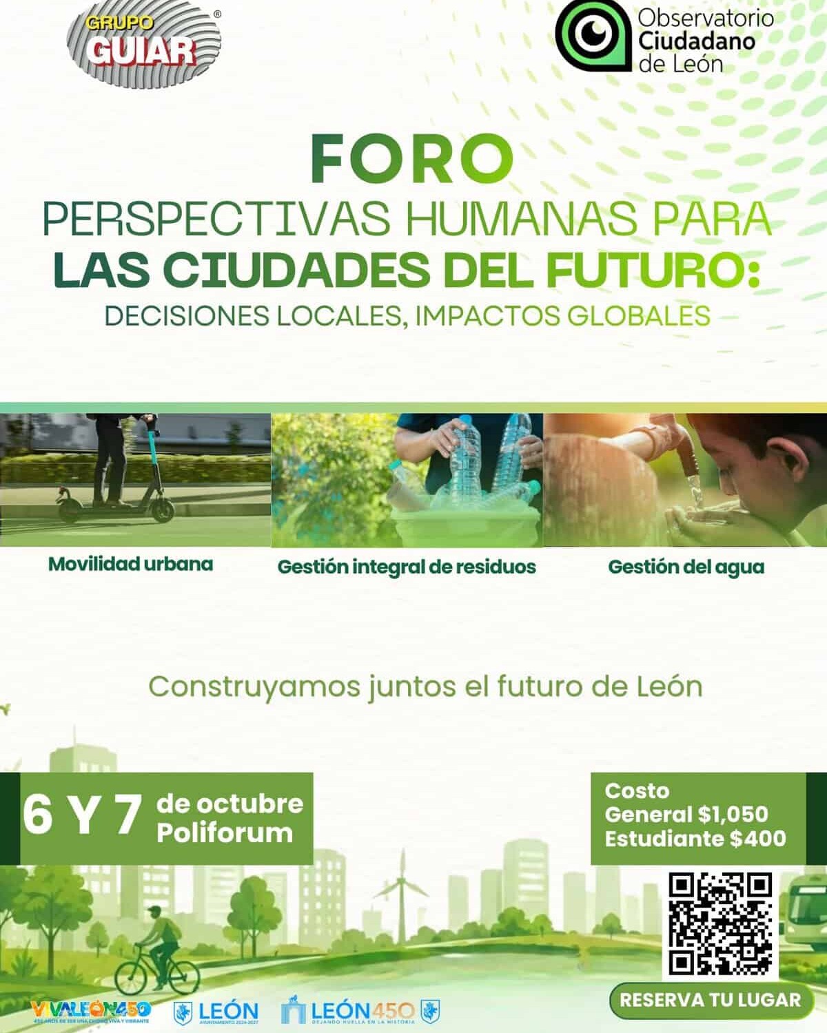 Imagen del foro en León sobre ciudades del futuro, sostenibilidad y gestión urbana, con participantes y paneles.