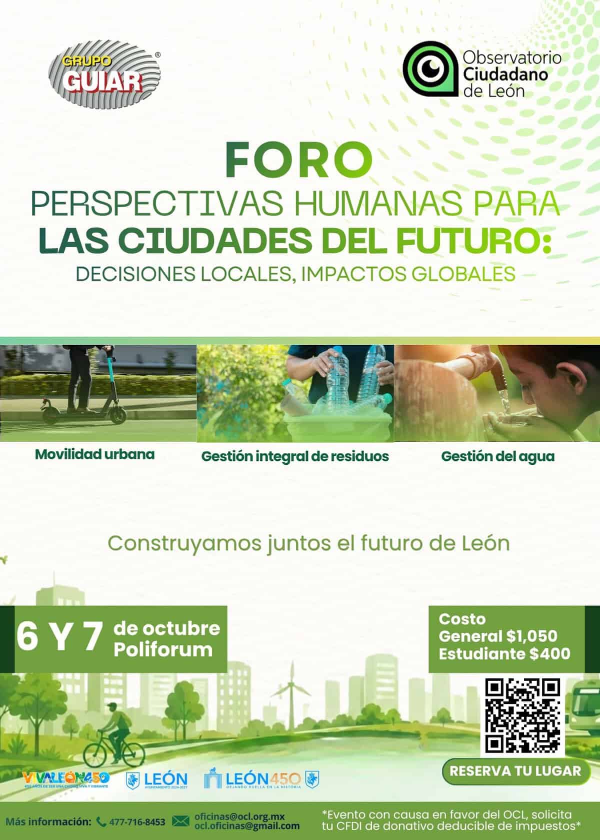 Imagen del foro en León sobre ciudades del futuro, sostenibilidad y gestión urbana, con participantes y paneles.