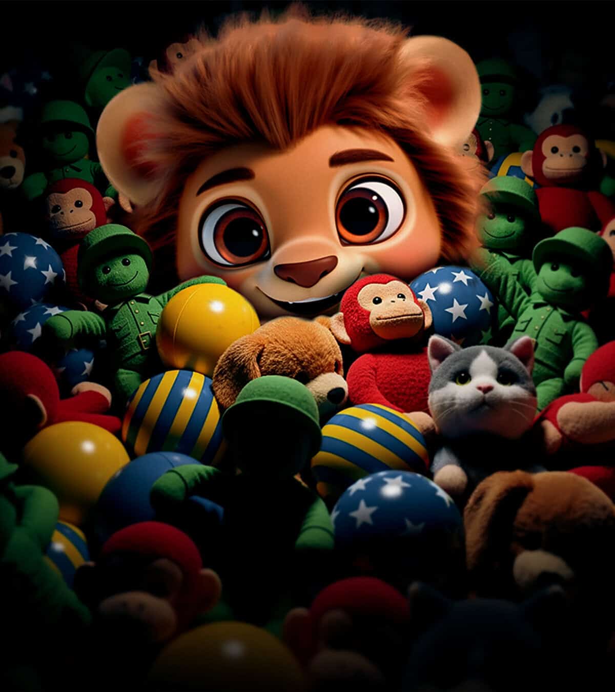Personaje de peluche con grandes ojos rodeado de juguetes y peluches en colores vivos, ideal para niños y familias en León, G.