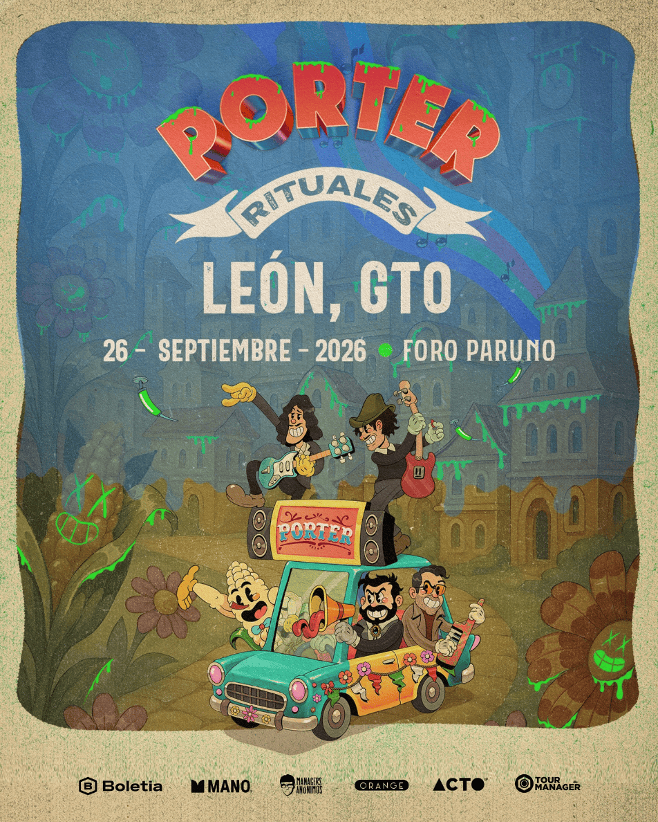 Cartel del festival Porter Rituales en León, Guanajuato, con personajes musicales y un coche decorado, promoción de eventos.