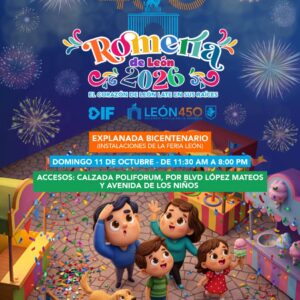Celebración de la Romería de León 2026 con niños, música y fuegos artificiales en la feria del bicentenario.