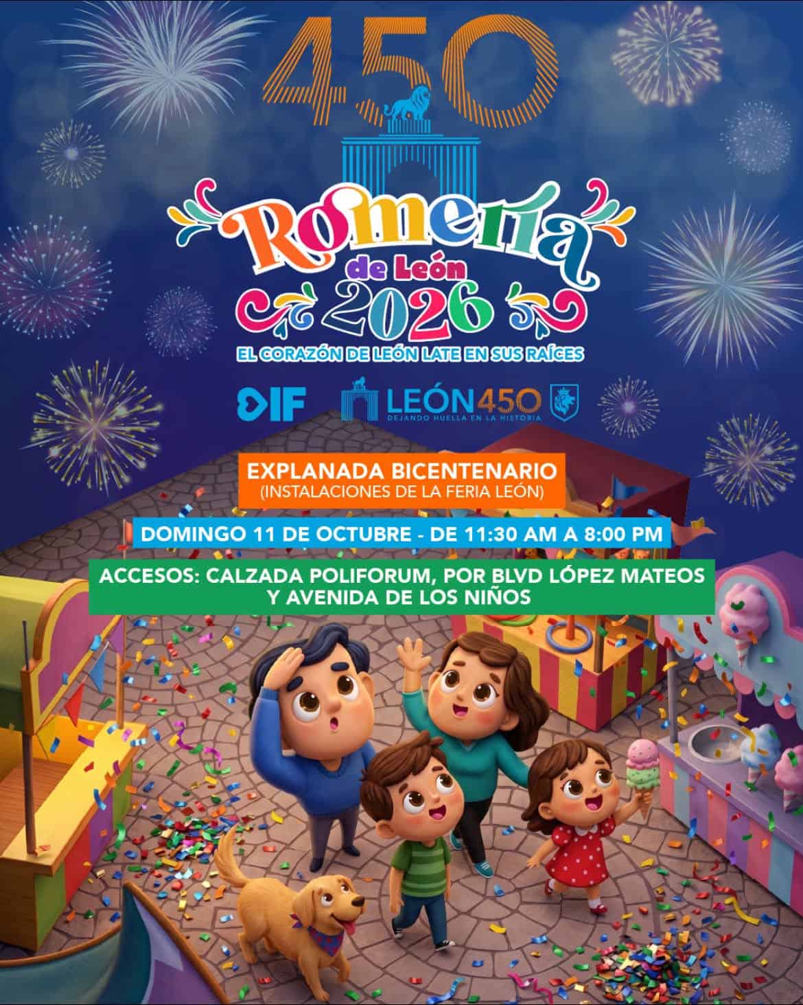 Celebración de la Romería de León 2026 con niños, música y fuegos artificiales en la feria del bicentenario.