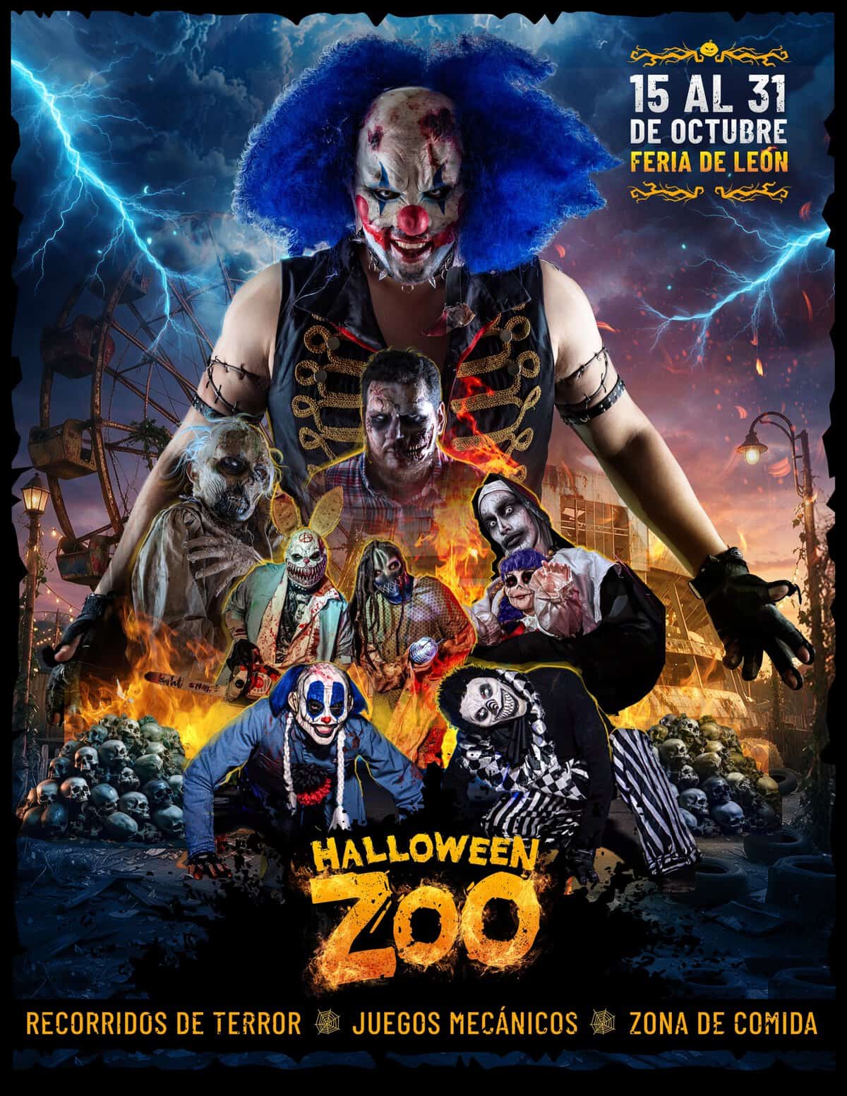 Espectáculo de Halloween en el Zoológico de León con payasos terroríficos y decoraciones espeluznantes.