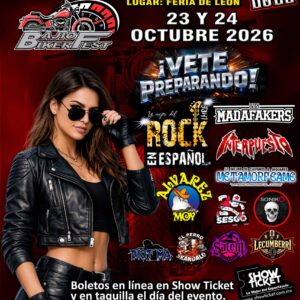 Imagen promocional del Bajio Biker Fest 2026 en León, Guanajuato, con motociclistas y eventos de rock y motocicletas.