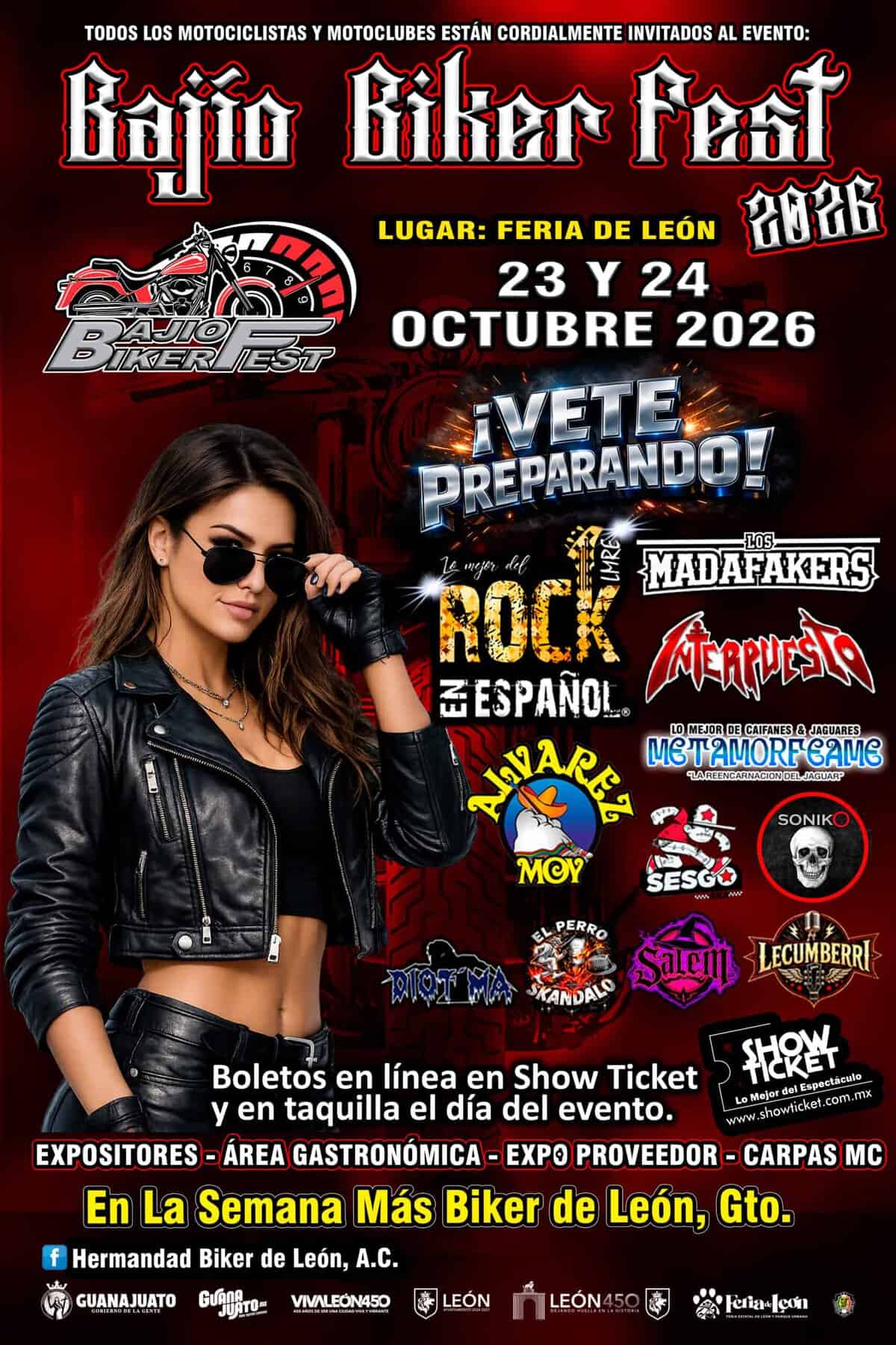Imagen promocional del Bajio Biker Fest 2026 en León, Guanajuato, con motociclistas y eventos de rock y motocicletas.