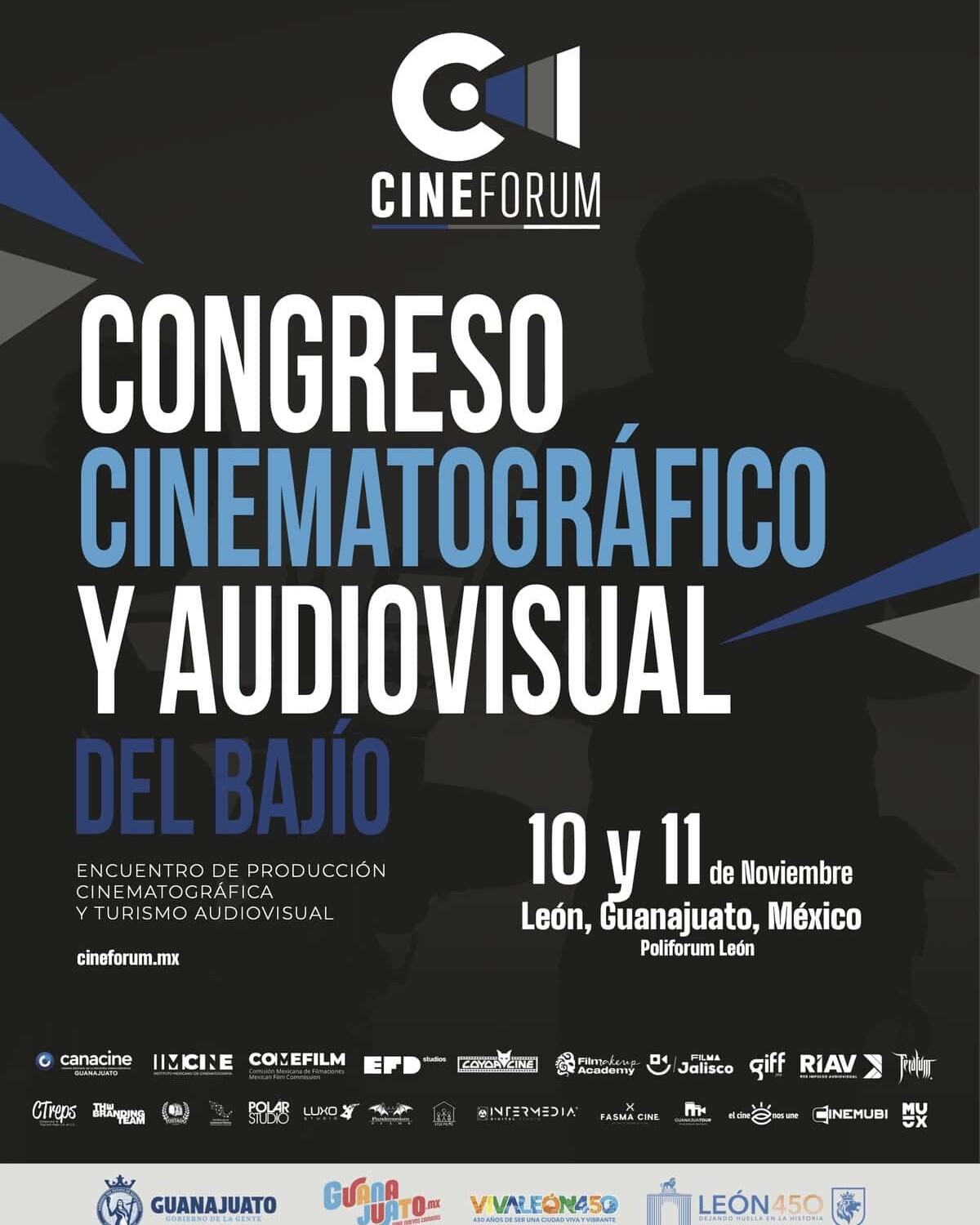 Cartel del Congreso Cinematográfico y Audiovisual del Bajío en León, Guanajuato, México, con detalles del evento y fechas.