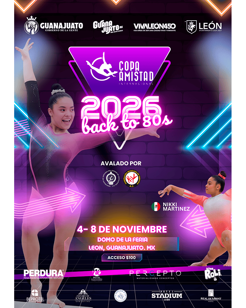 Cartel promocional de la Copa Amistad 2026 con gimnastas en León, Guanajuato, México, con temática retro de los años 80.