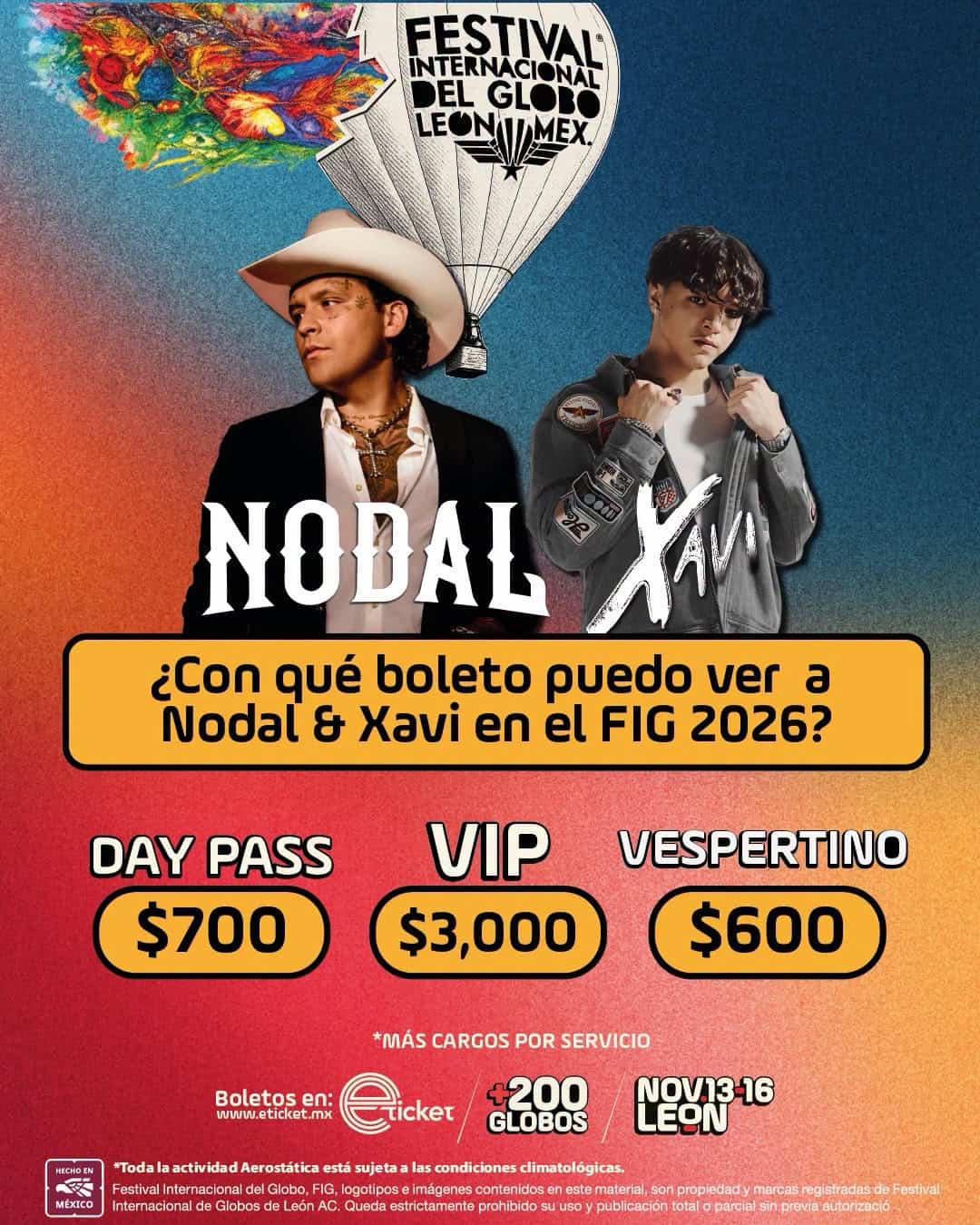 Cartel promocional del Festival Internacional del Globo en León, Guanajuato, con artistas Nodal y Xavi en el evento 2026.