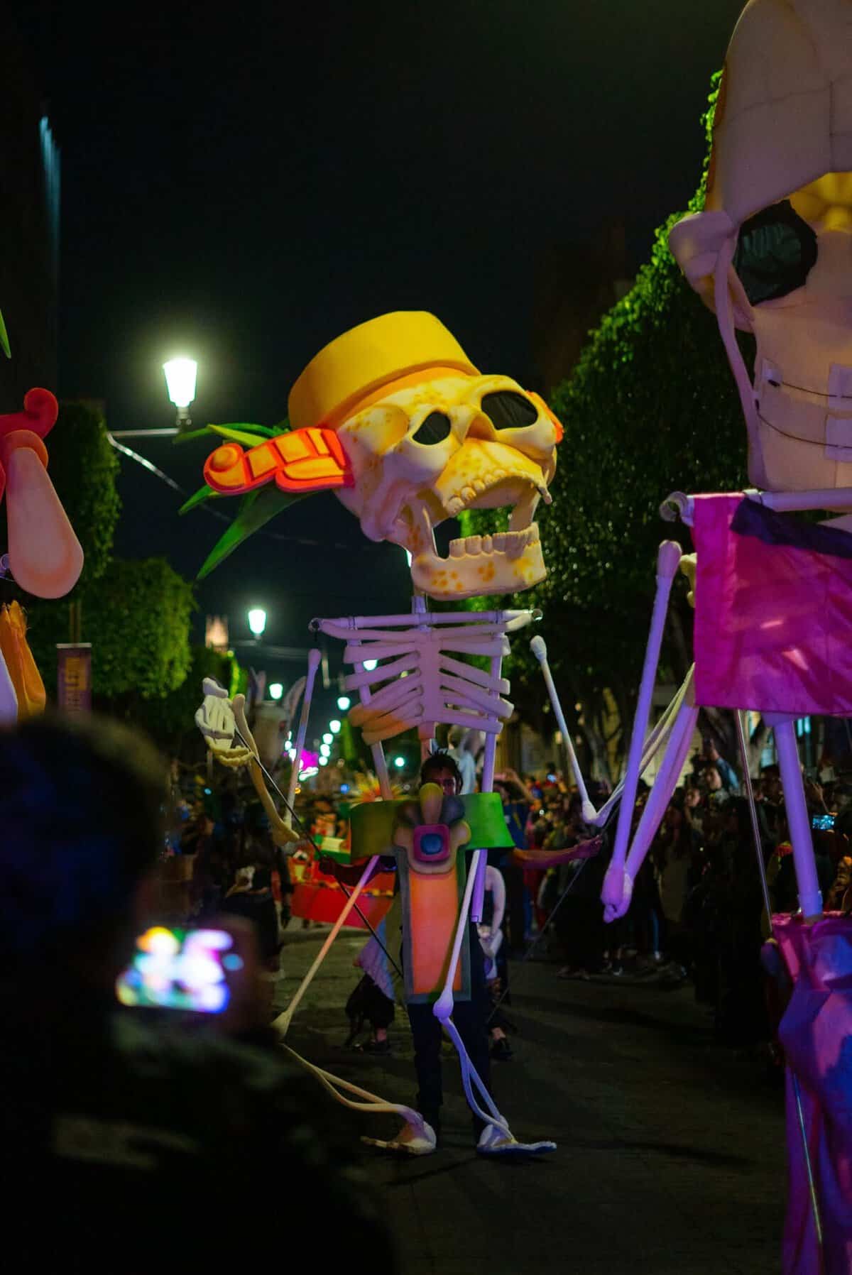 Espect&aacute;culo de calaveras y esqueletos en desfile nocturno en Le&oacute;n, Guanajuato, durante el Festival de la Muerte.