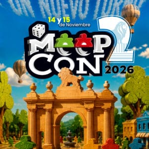 Cartel promocional de MeepCon León 2026 con temática de juegos de mesa y globos aerostáticos.