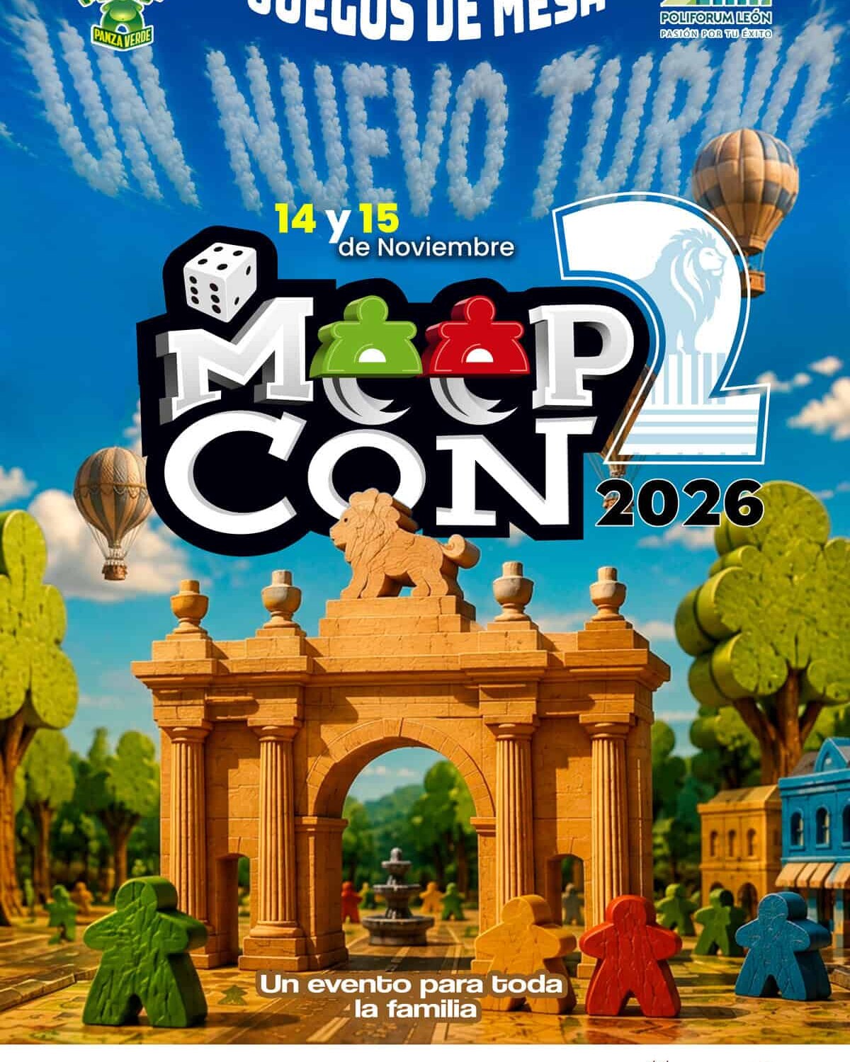 Cartel promocional de MeepCon León 2026 con temática de juegos de mesa y globos aerostáticos.