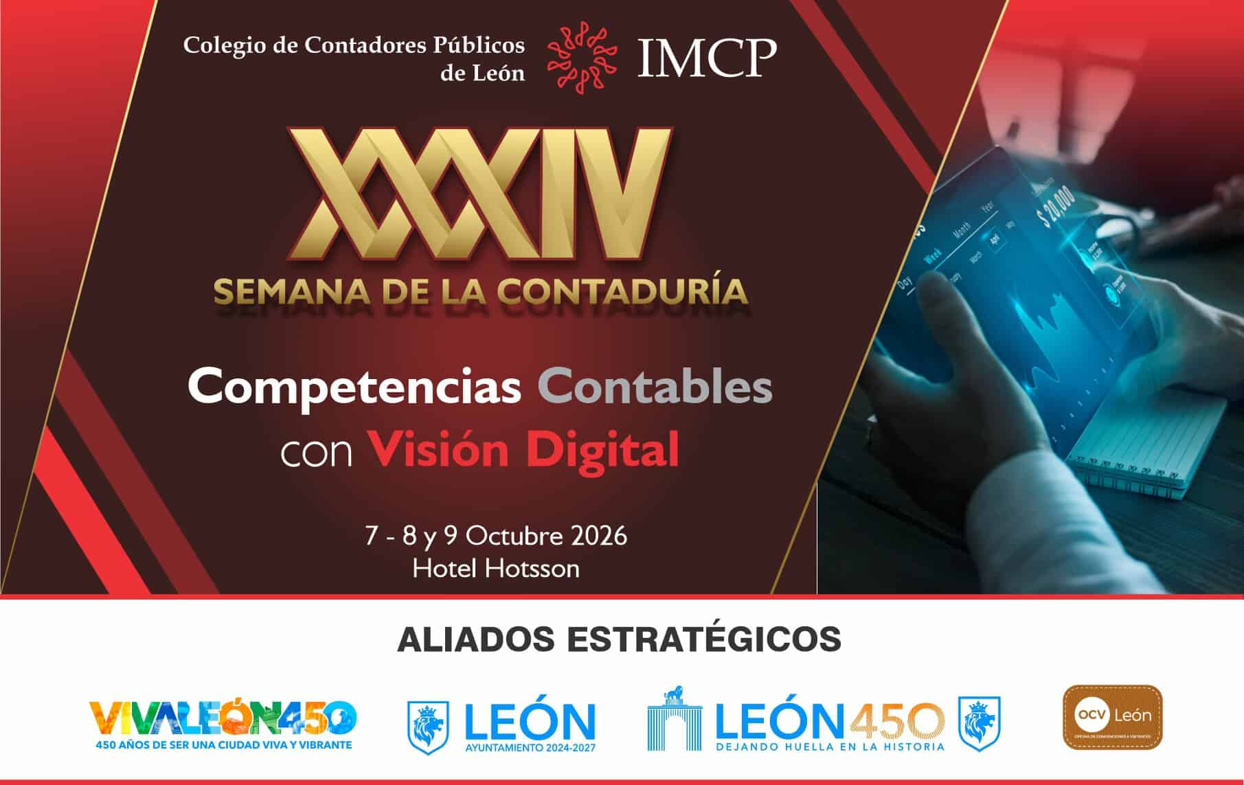 Cartel de la XXIV Semana de la Contaduría en León, evento de contabilidad y finanzas en Hotel Hotsson, octubre 2026.