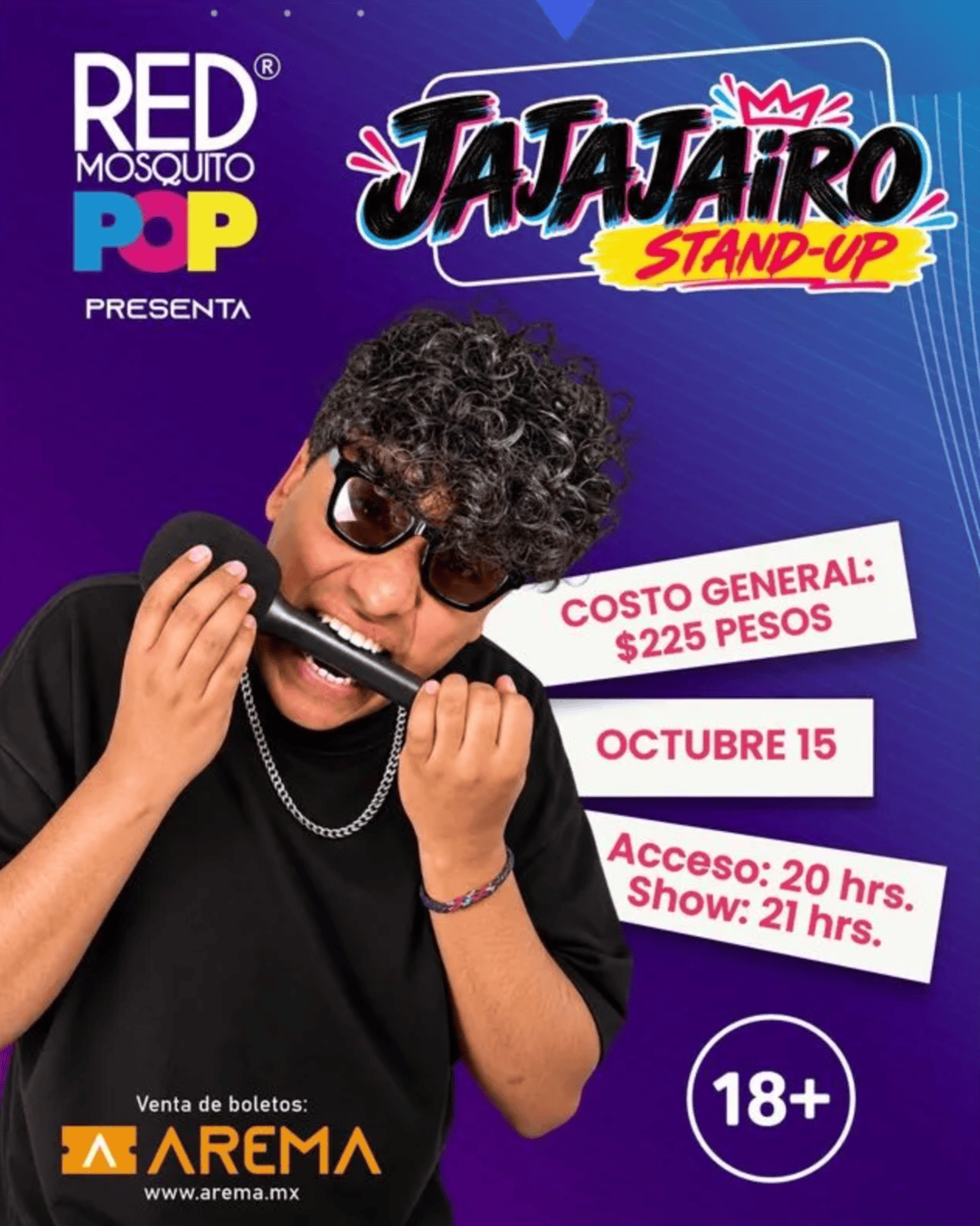 Jajairo, comediante de stand-up, actuando en Le&oacute;n, Guanajuato, con informaci&oacute;n del evento y precio de entrada.