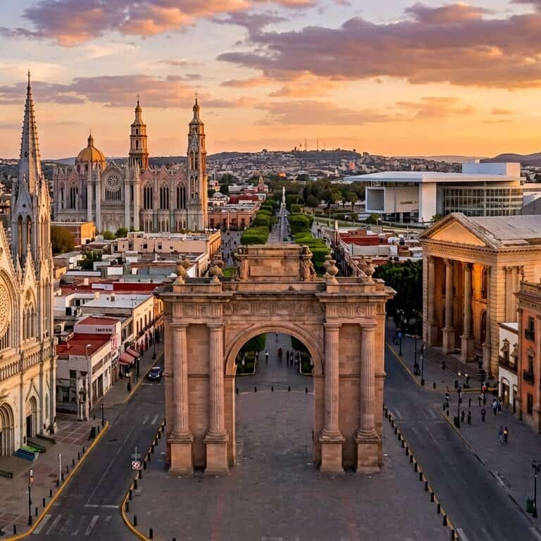 Vista panorámica de León, Guanajuato con catedrales y arquitectura colonial al atardecer, ideal para turistas interesados en.
