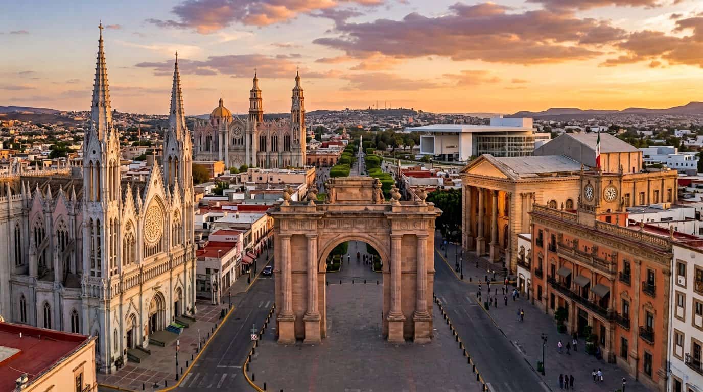 Vista panorámica de León, Guanajuato con catedrales y arquitectura colonial al atardecer, ideal para turistas interesados en.