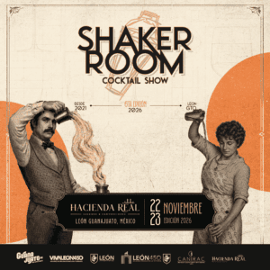 Cartel promocional del evento Shaker Room en León, Guanajuato, con ilustraciones vintage de un bartender y una mujer.