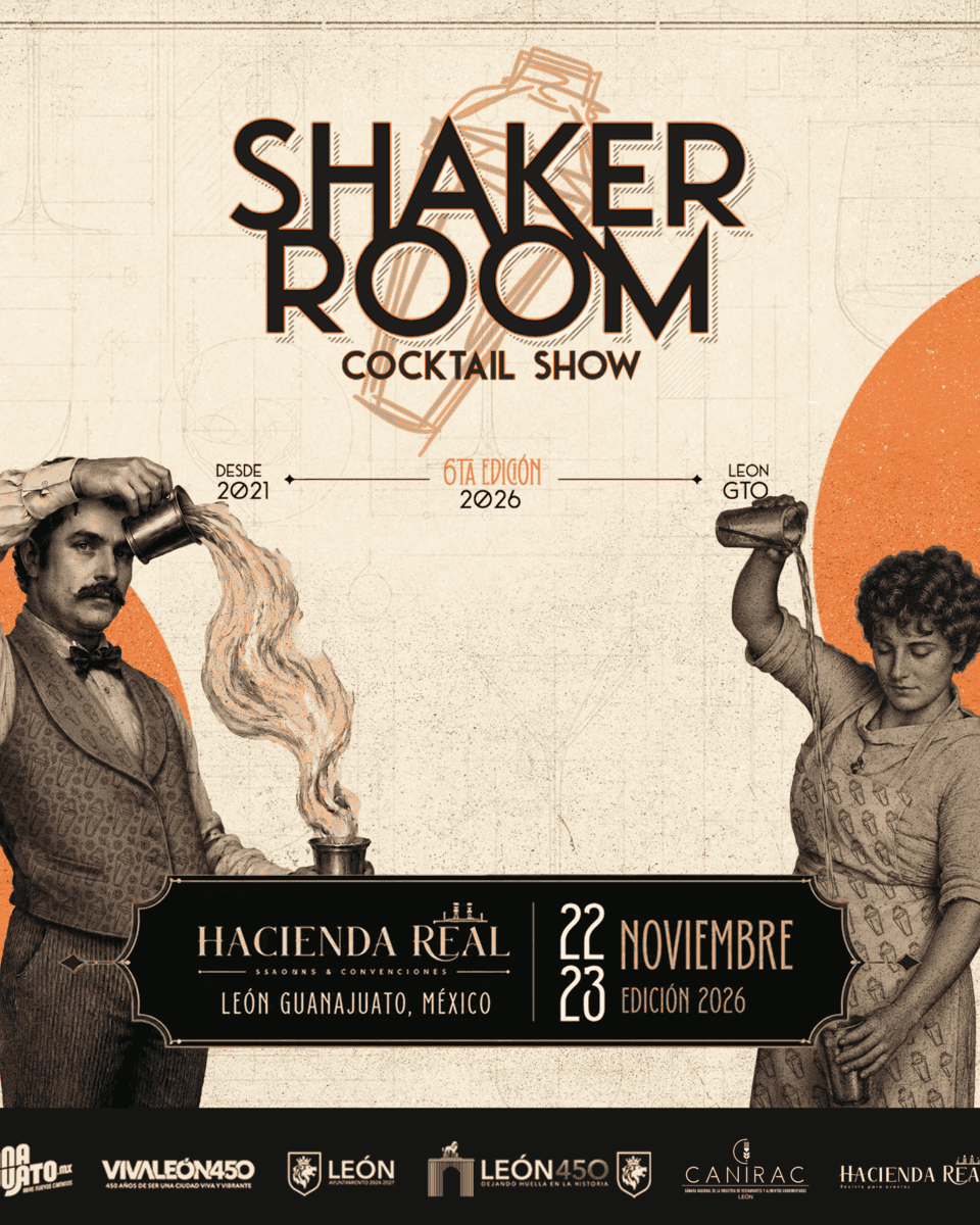 Cartel promocional del evento Shaker Room en León, Guanajuato, con ilustraciones vintage de un bartender y una mujer.