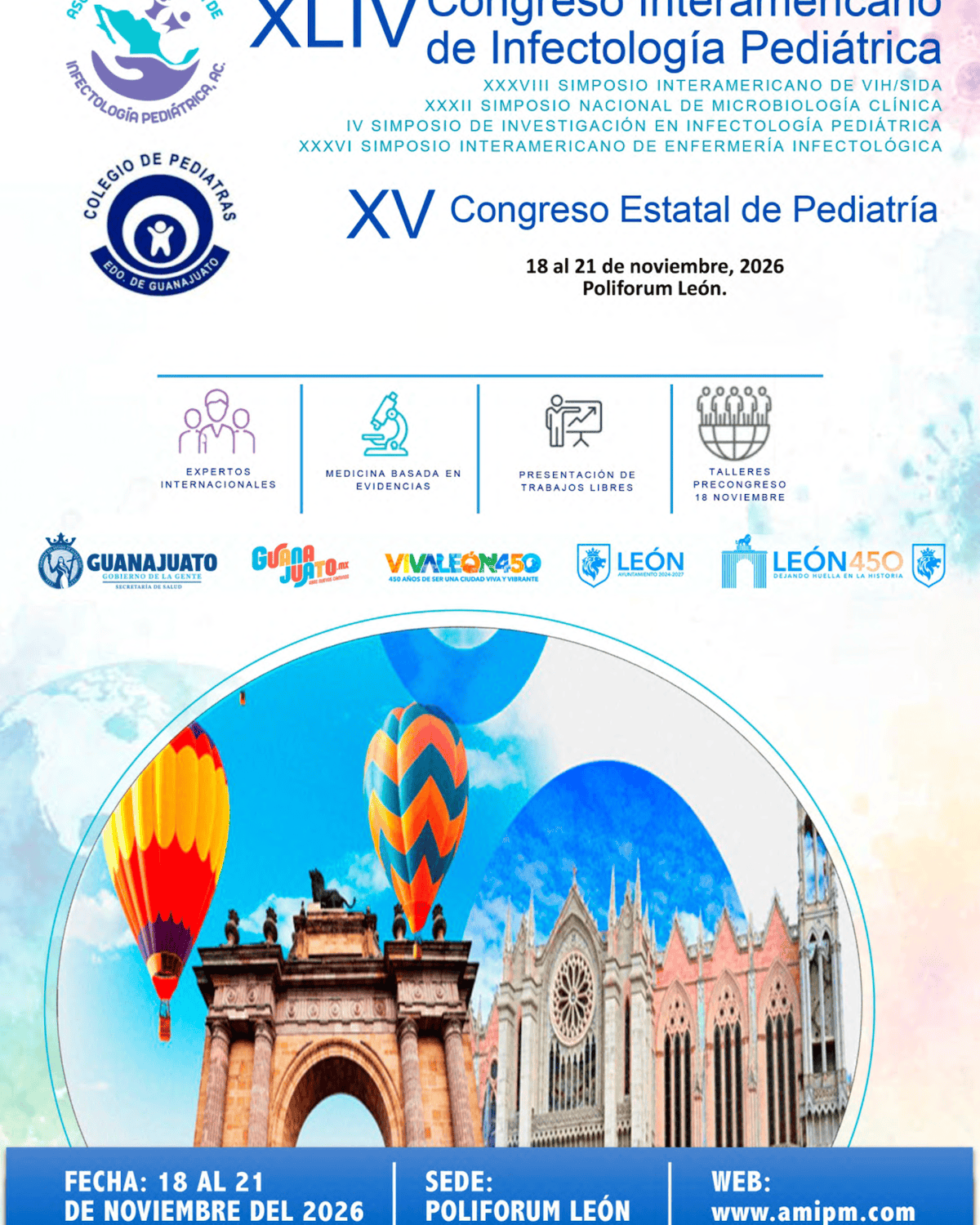 Imagen del Congreso Interamericano de Pediatría en León, Guanajuato, con globos y monumentos históricos.